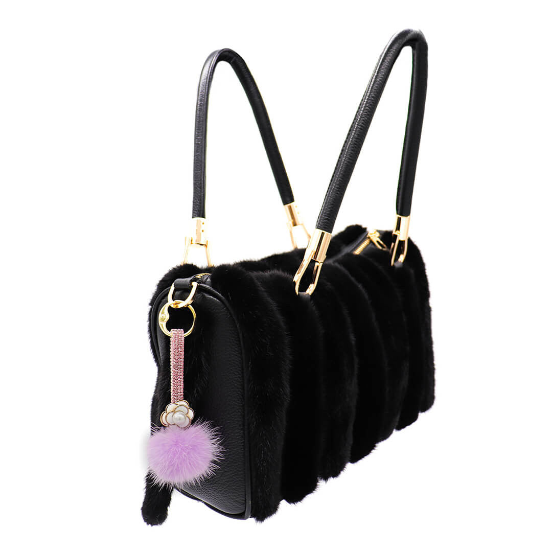 mink pom with bling strap lavender on bag